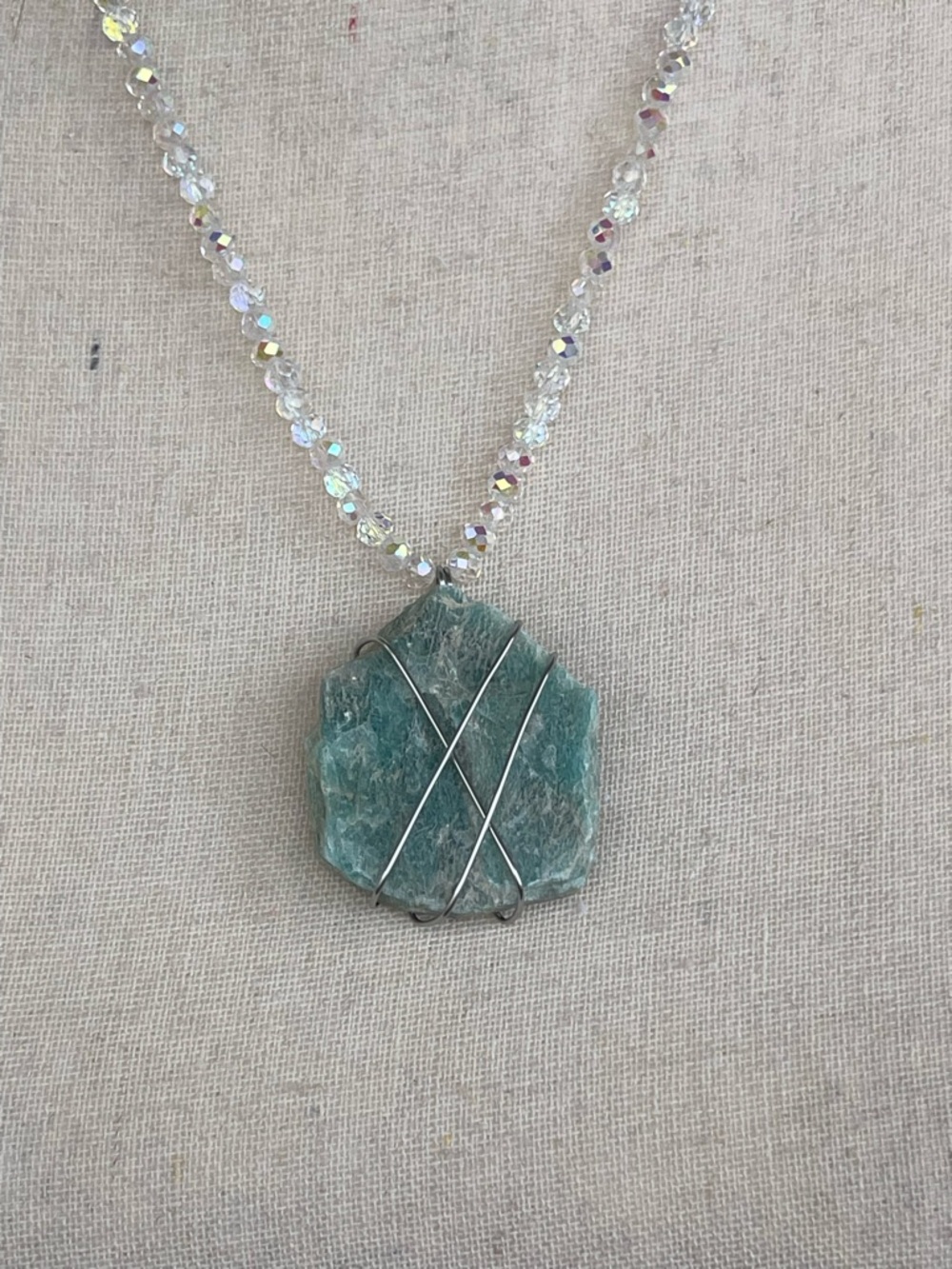 Handmade Raw Amazonite Stainless Steel Silver Wire Wrap & White AB Glass Beads - Picture 3 of 5